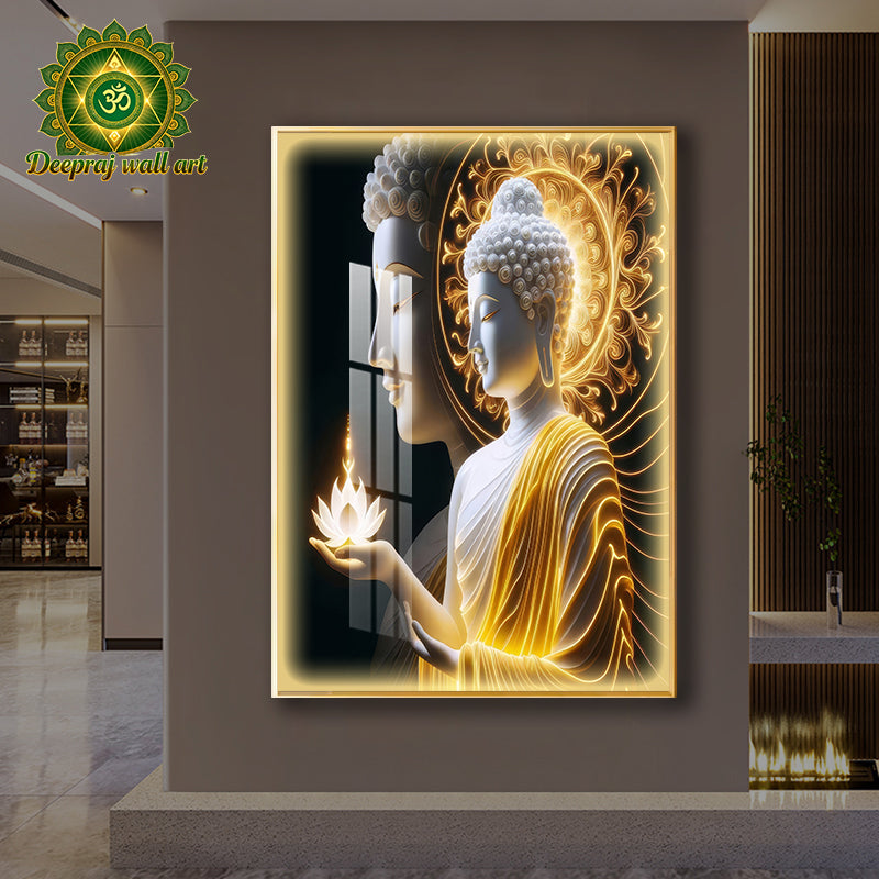 Buddha Porcelain Wall Art – Diamond-Inspired Crystals in Golden Light l 70x100cm