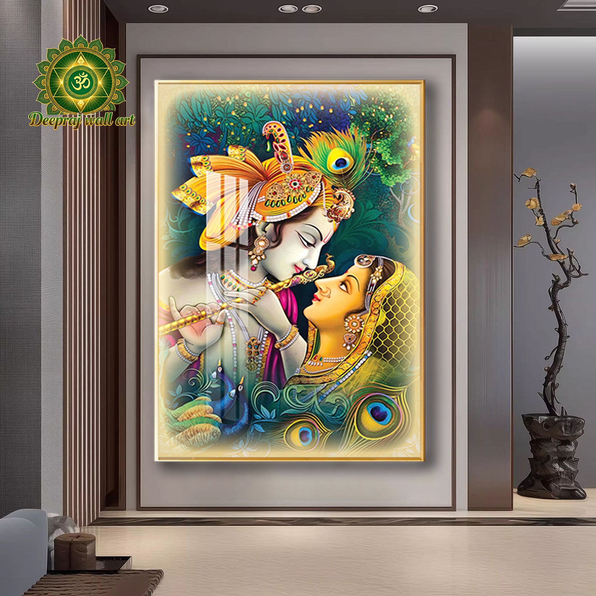 Radha–Krishna with Bansuri | Premium Porcelain LED wall decor|80 X120 CM
