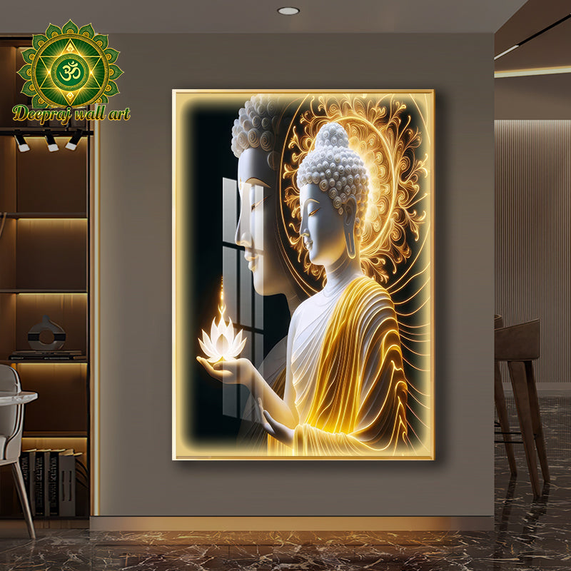 Buddha Porcelain Wall Art – Diamond-Inspired Crystals in Golden Light l 70x100cm