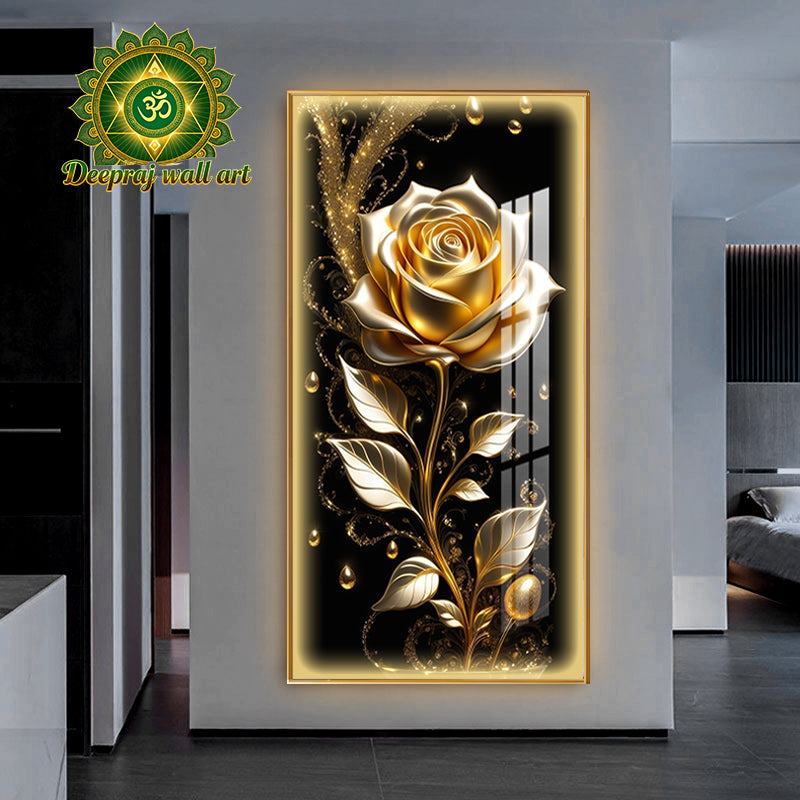 Elegant Rose on Gold Frame, LED light with Diamond,60 X120 CM