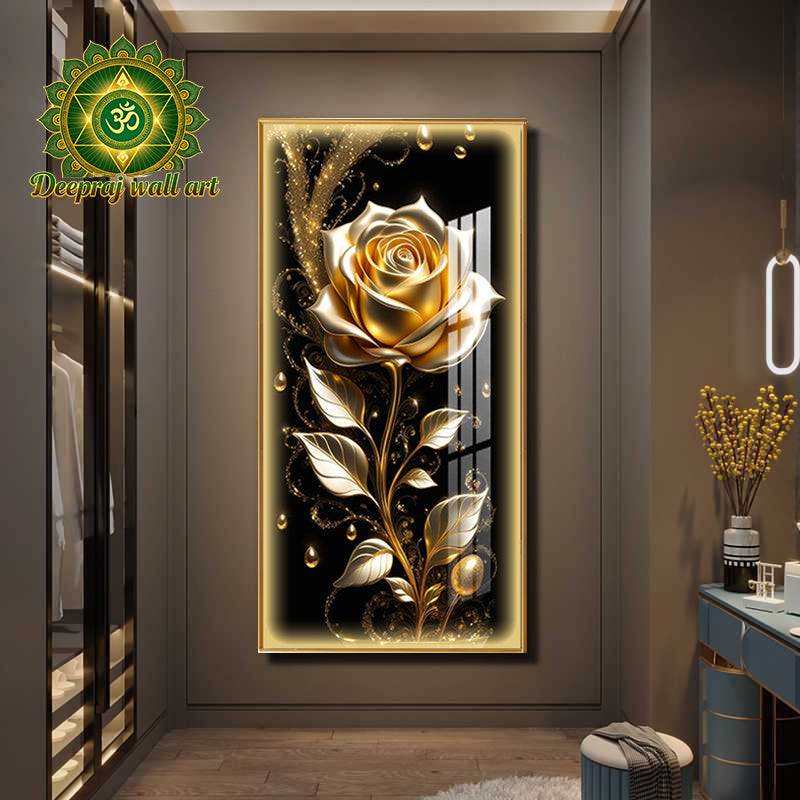 Elegant Rose on Gold Frame, LED light with Diamond,60 X120 CM