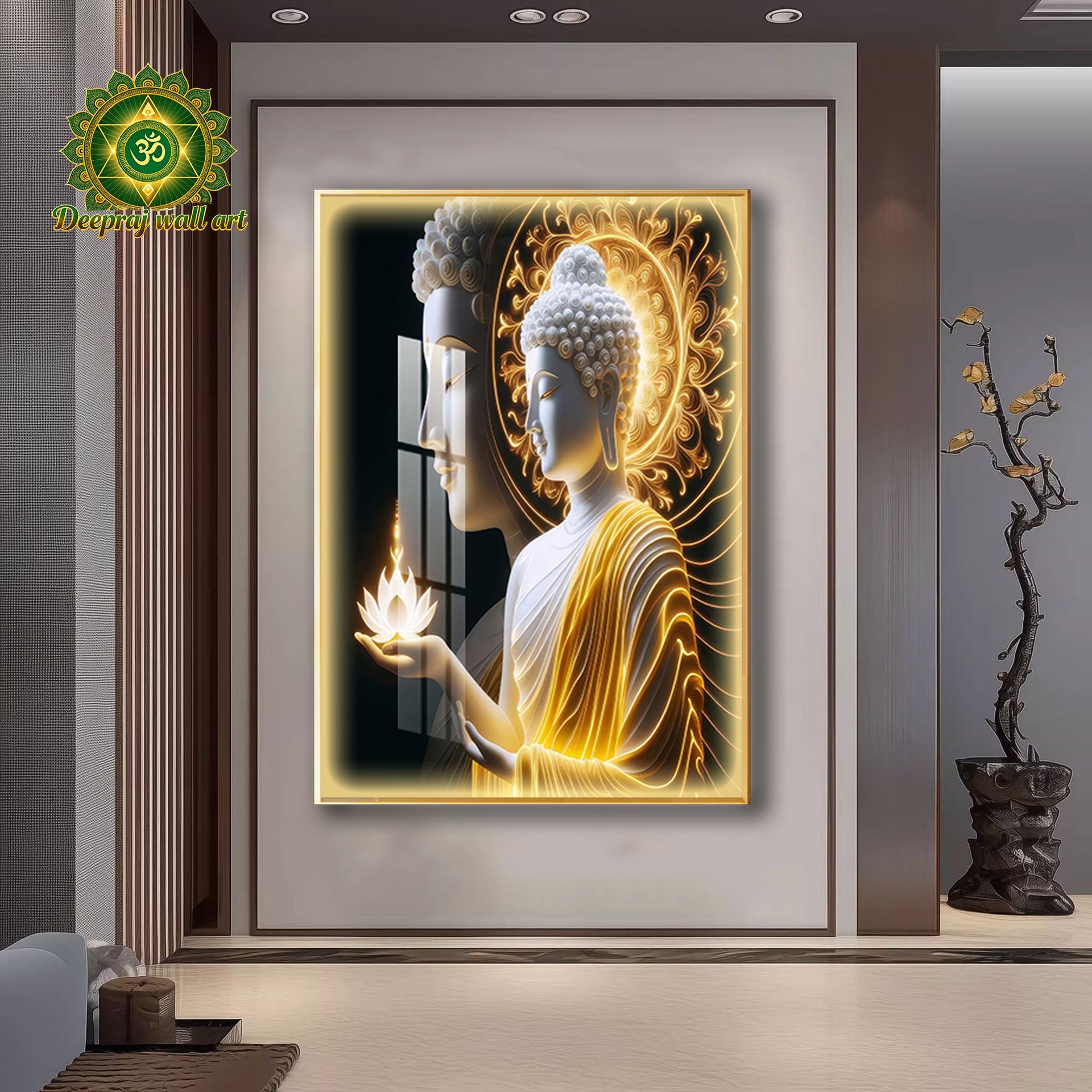 Buddha Porcelain Wall Art – Diamond-Inspired Crystals in Golden Light l 70x100cm