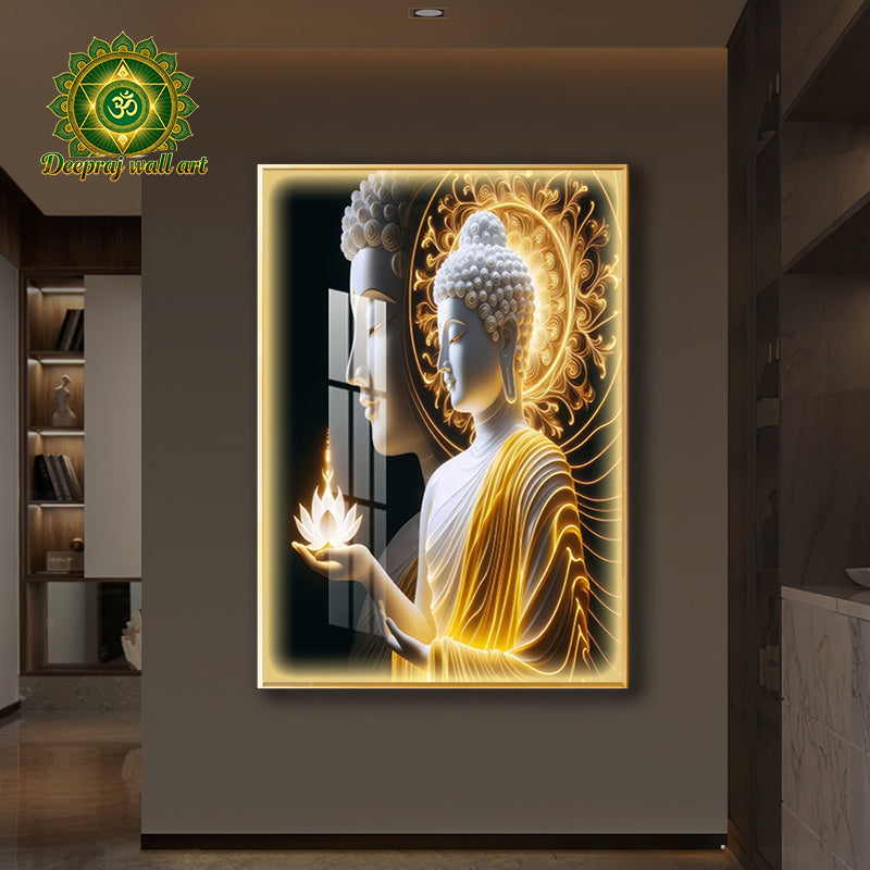 Buddha Porcelain Wall Art – Diamond-Inspired Crystals in Golden Light l 70x100cm