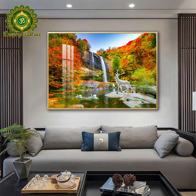 erene Waterfall with White Deer and Swans  Crystal Porcelain 5D Wall Décor | Autumn Palette | 70 × 100 cm