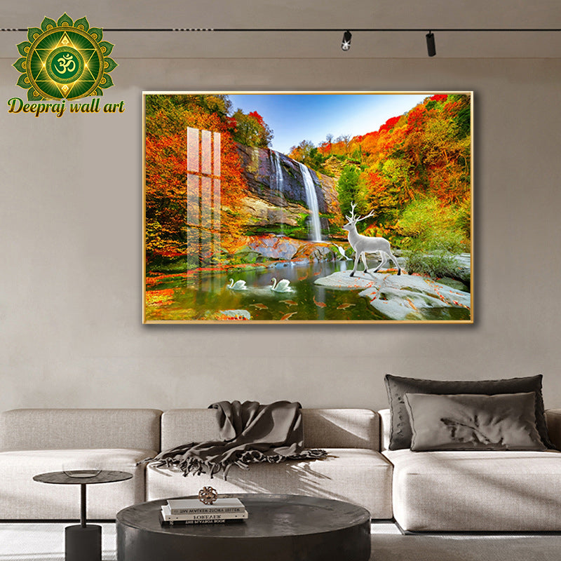 erene Waterfall with White Deer and Swans  Crystal Porcelain 5D Wall Décor | Autumn Palette | 70 × 100 cm