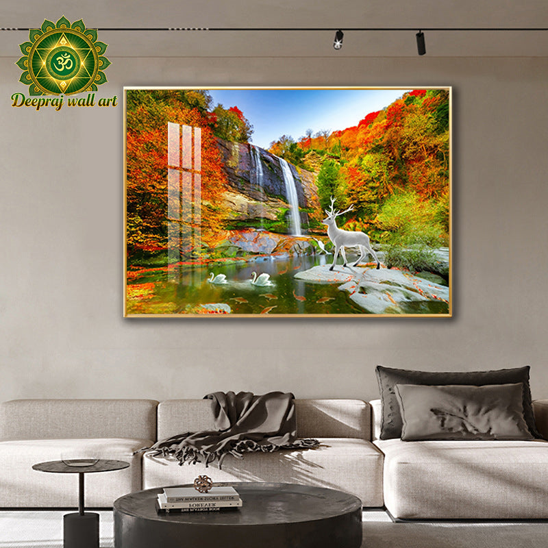 erene Waterfall with White Deer and Swans  Crystal Porcelain 5D Wall Décor | Autumn Palette | 70 × 100 cm