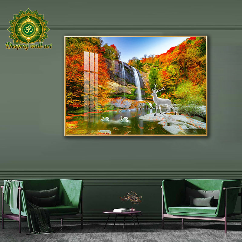 erene Waterfall with White Deer and Swans  Crystal Porcelain 5D Wall Décor | Autumn Palette | 70 × 100 cm