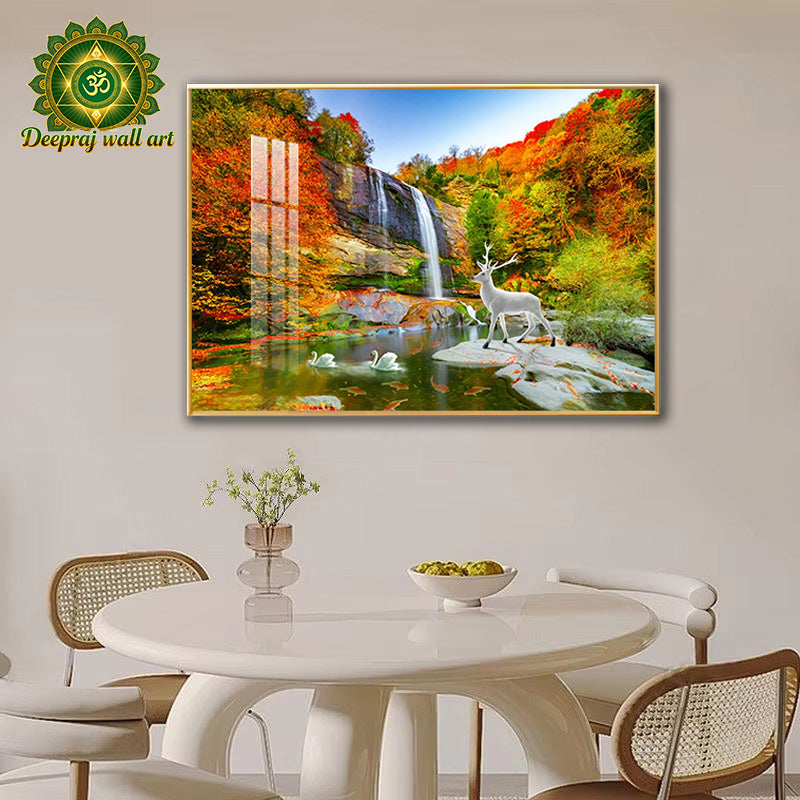 erene Waterfall with White Deer and Swans  Crystal Porcelain 5D Wall Décor | Autumn Palette | 70 × 100 cm