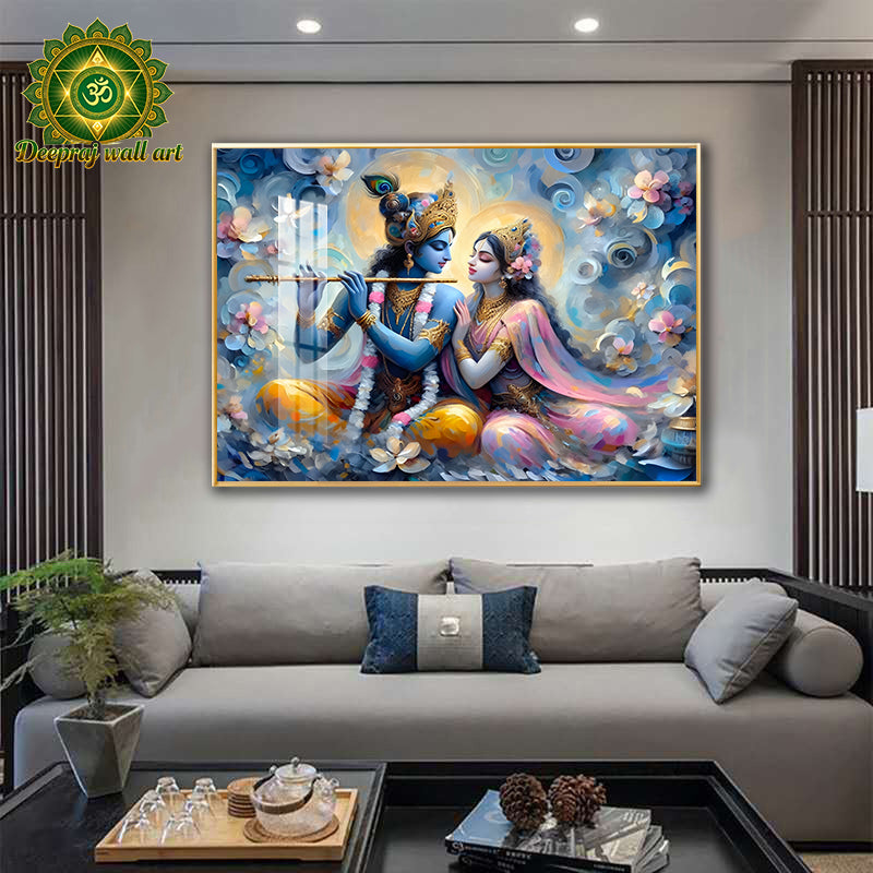 Radha and Lord Krishna with Bansuri| Premium Crystal Porcelain 5D LED Wall Décor | 70 × 100 cm