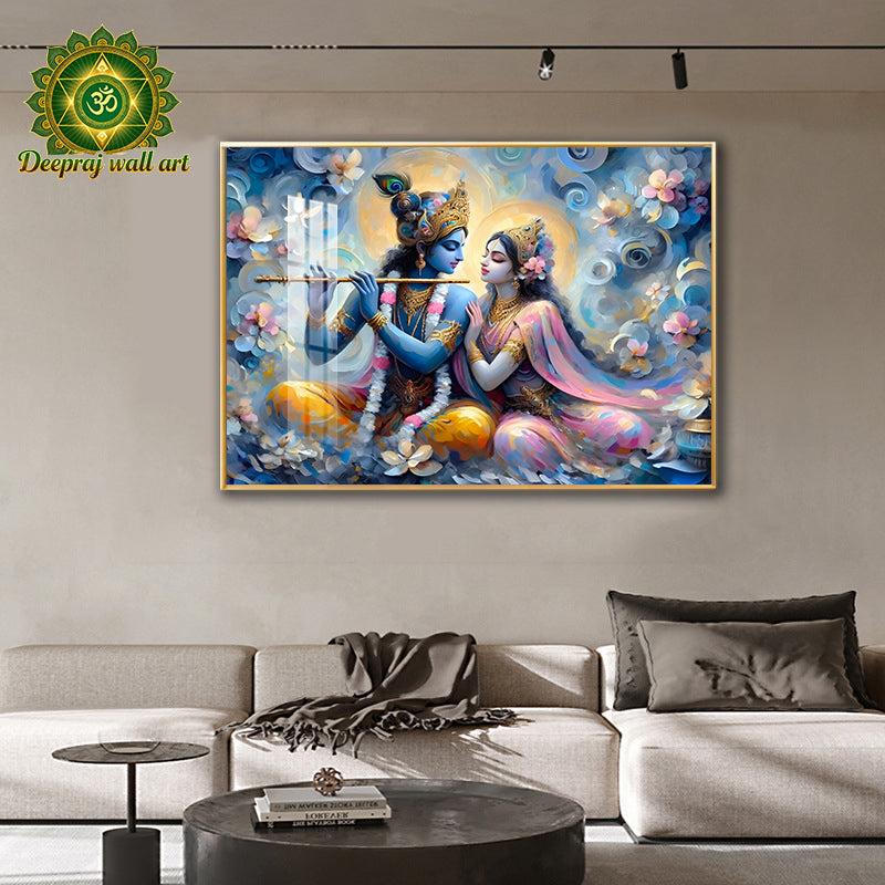 Radha and Lord Krishna with Bansuri| Premium Crystal Porcelain 5D LED Wall Décor | 70 × 100 cm