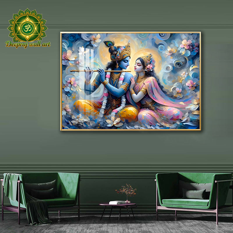 Radha and Lord Krishna with Bansuri| Premium Crystal Porcelain 5D LED Wall Décor | 70 × 100 cm