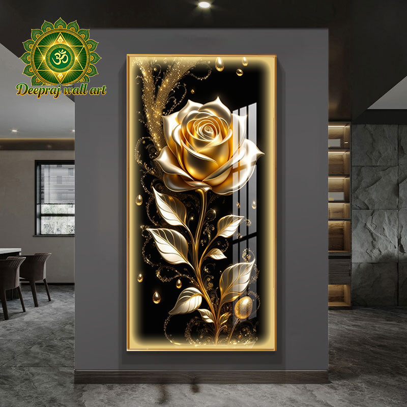 Elegant Rose on Gold Frame, LED light with Diamond,60 X120 CM